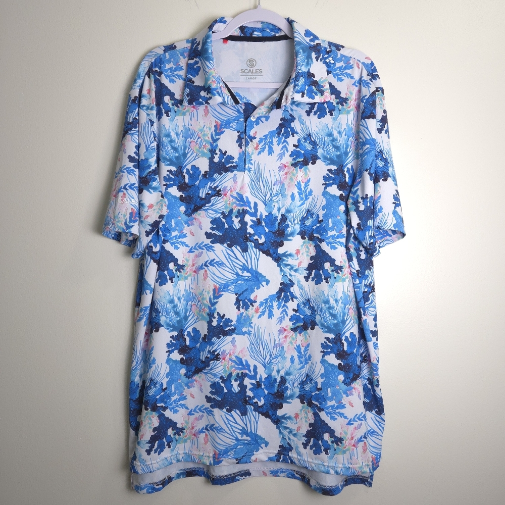 SCALES Men's Coral Tropics Watercolor UPF 50+ Golf‎ Polo Shirt L